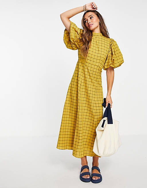 Selected Femme midaxi dress with puff sleeves and cut out bow back in dream yellow check