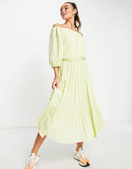 Selected Femme midi dress with gathering and tiered full skirt in yellow