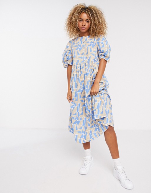 Selected Femme midi dress with puff sleeves in cream and blue abstract print
