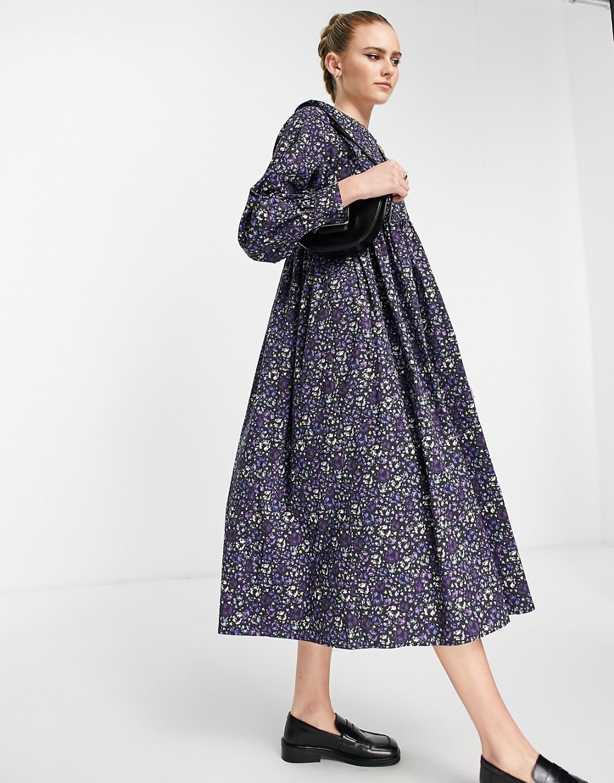 Selected Femme Midi Dress With Scalloped Collar Detail In Purple Floral-Multi