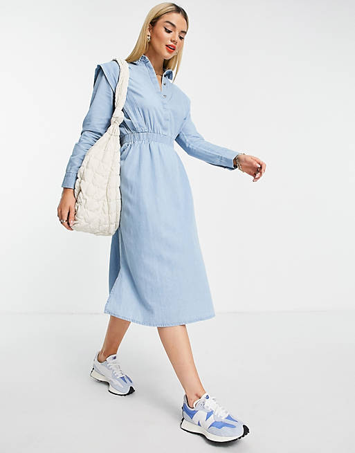 Selected Femme midi dress with shoulder detail and tie waist in denim blue