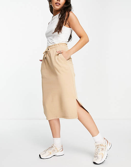Selected Femme midi skirt with drawstring waist in beige