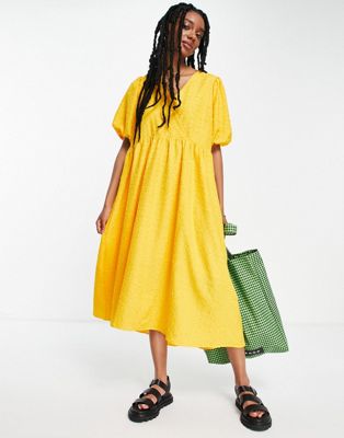 Selected Femme midi textured dress in yellow