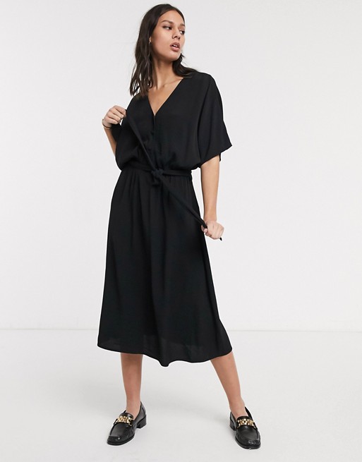 Selected Femme midi wrap dress with kimono sleeve in black