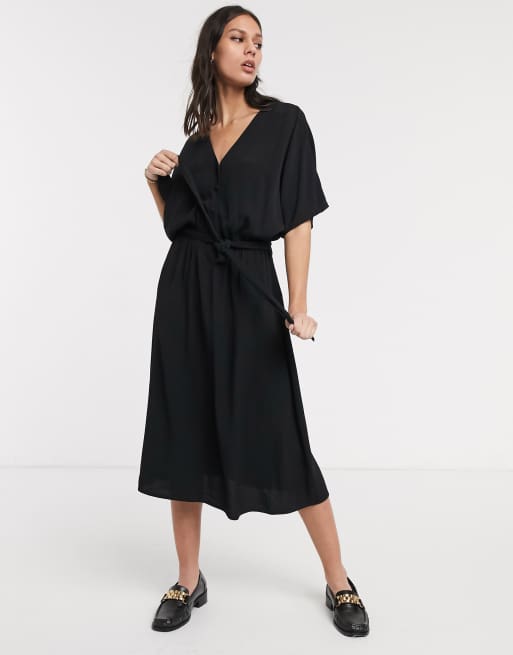 Selected Femme midi wrap dress with kimono sleeve in black ASOS