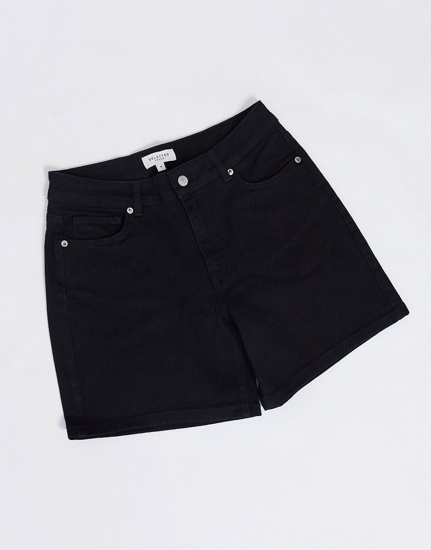 Selected Femme midrise denim shorts in black