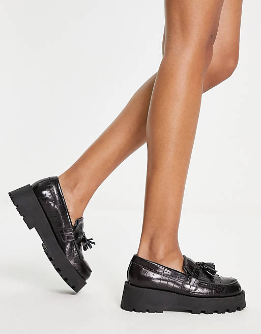 Selected Femme – Mörkbruna loafers i läder med krokodilskinnsmönster och tofs