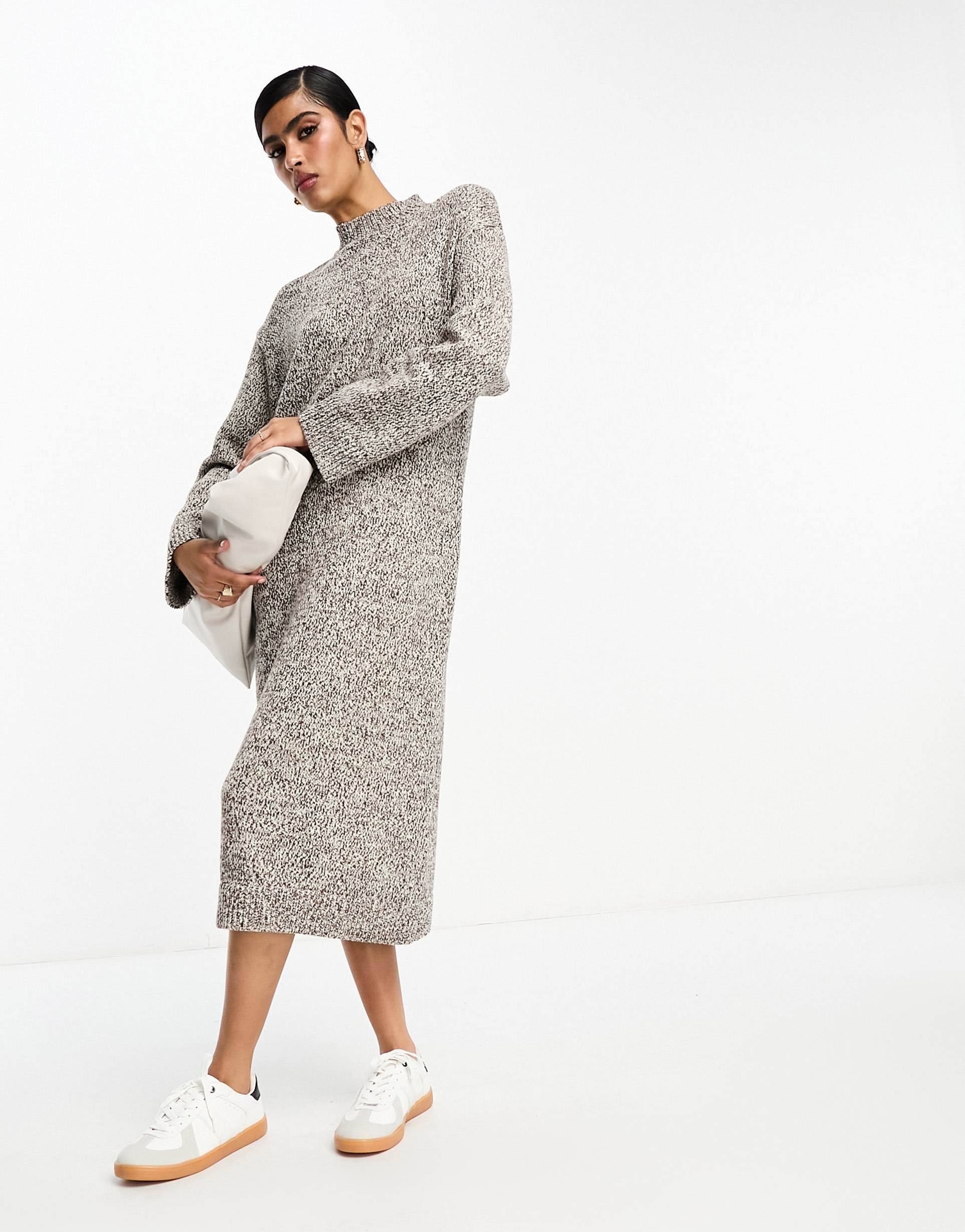 selected femme mottled knitted sweater mini dress in brown and cream