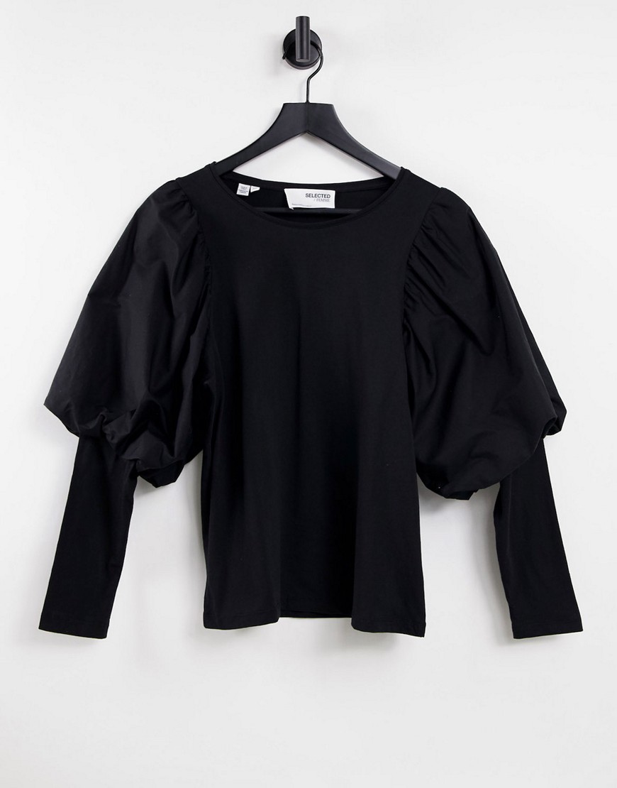Selected Femme organic cotton blend long sleeved t-shirt with woven volume sleeve in black