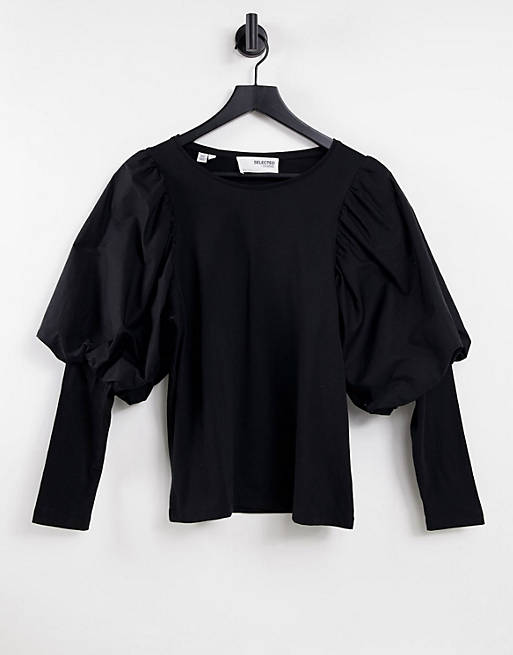 Designer Brands Selected Femme organic cotton blend long sleeved t-shirt with woven volume sleeve in black 