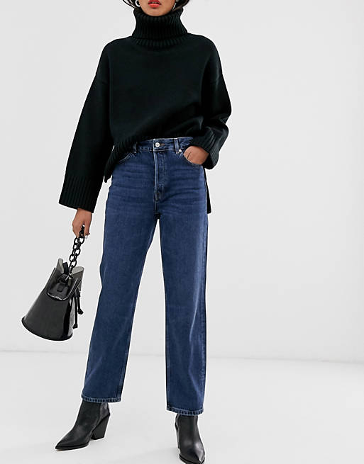 Women Selected Femme organic cotton high waist straight leg jeans in blue wash 