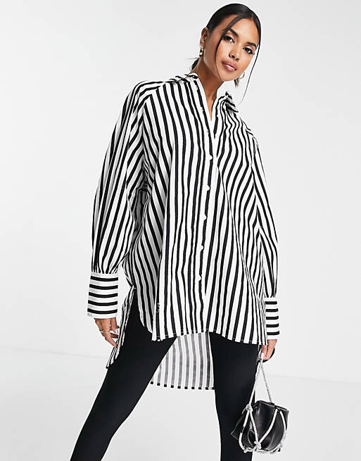  Selected Femme organic cotton longline shirt in black stripe 