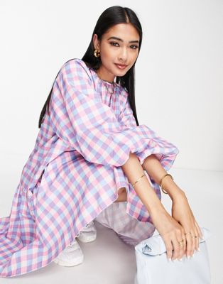 Selected Femme cotton midi smock dress in pink and blue check