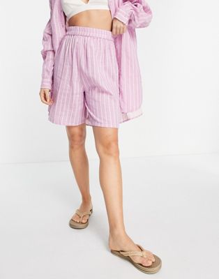 Selected Femme cotton shorts co-ord in pink stripe - LPINK
