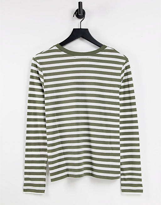 Selected Femme cotton t-shirt with long sleeves in khaki stripe - MULTI