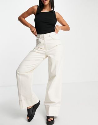 Selected Femme cotton tailored wide leg trousers with contrast stitch in cream - CREAM