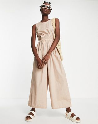 Selected Femme cotton wide leg jumpsuit in stripe - MULTI