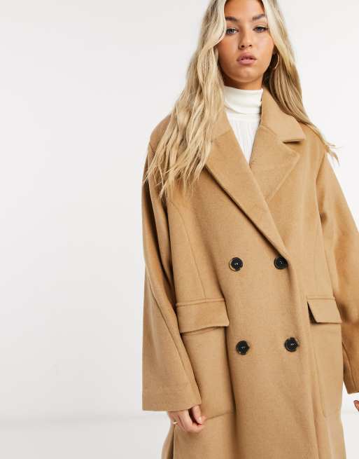 Selected Femme oversized double breasted wool coat with side splits in camel