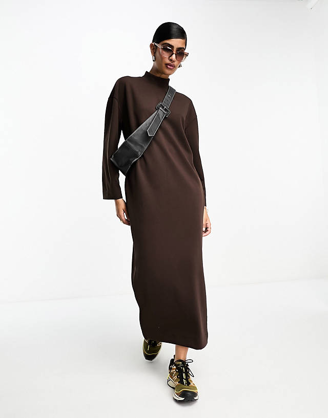 Selected - femme oversized high neck maxi dress in brown