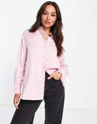Selected Femme oversized satin shirt with ruffle collar in pink  - ASOS Price Checker