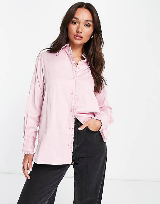  Shirts & Blouses/Selected Femme oversized satin shirt with ruffle collar in pink 