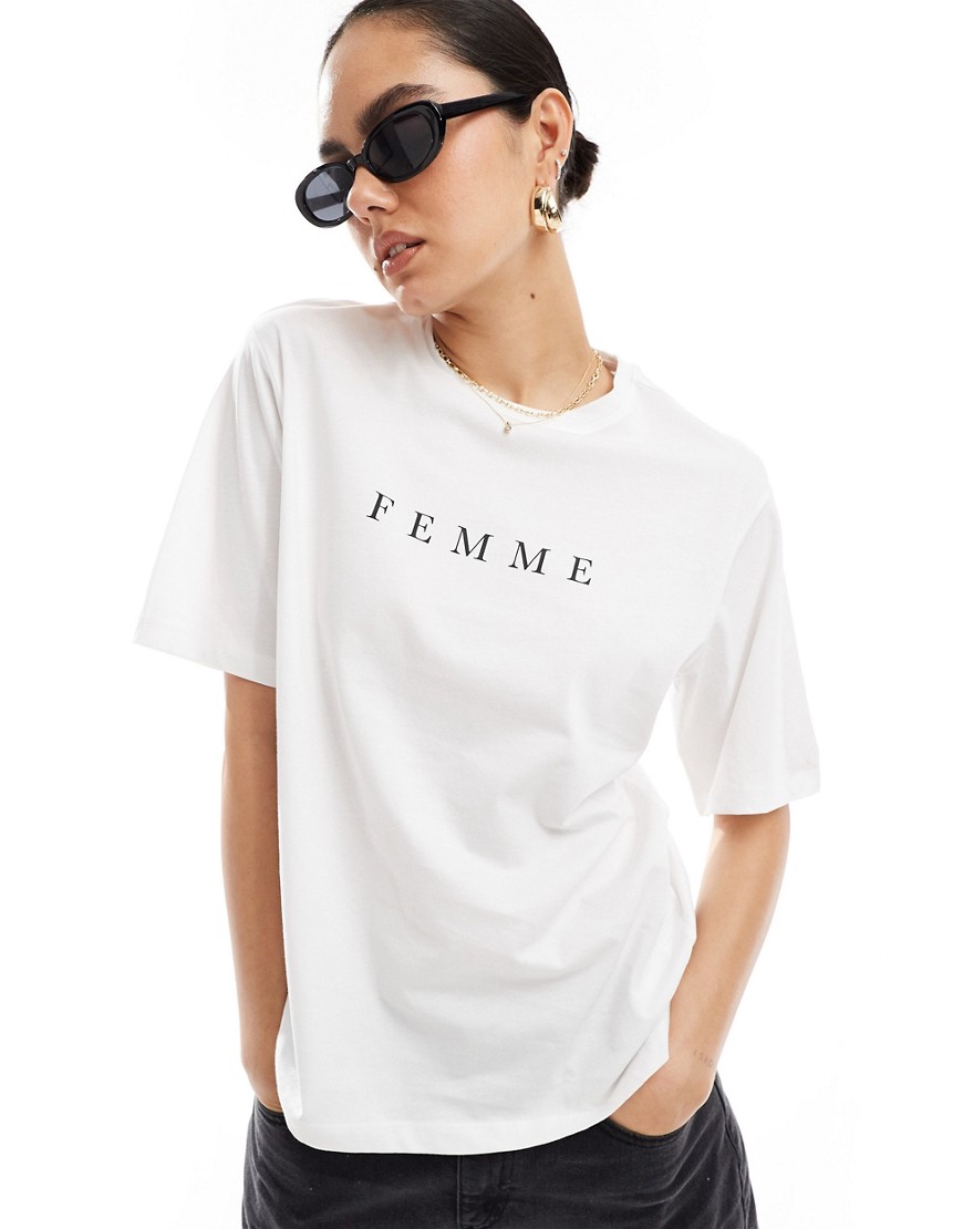 Selected Femme oversized t-shirt with Femme chest print in white