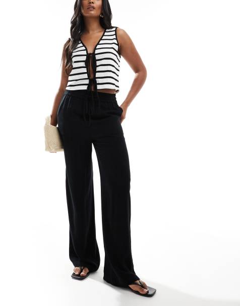 Selected Femme - Pantalon ample taille haute aspect lin - Noir - view 1