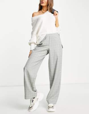 Selected Femme - Pantalon d'ensemble large avec taille élastique et motif à carreaux - Gris