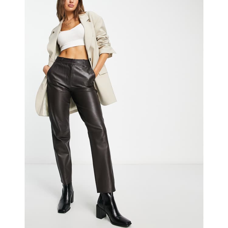 Selected Femme Pantalon en cuir haut de gamme Chocolat