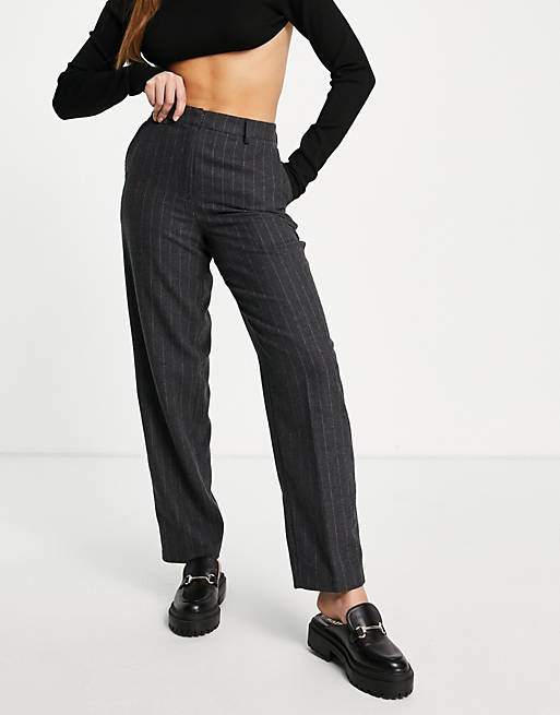 Selected Femme - Pantalon van wolmix met figuurnaden in grijs met krijtstreep