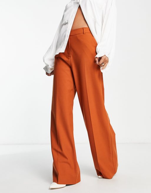 Selected Femme - Pantaloni color ruggine con fondo ampio 
