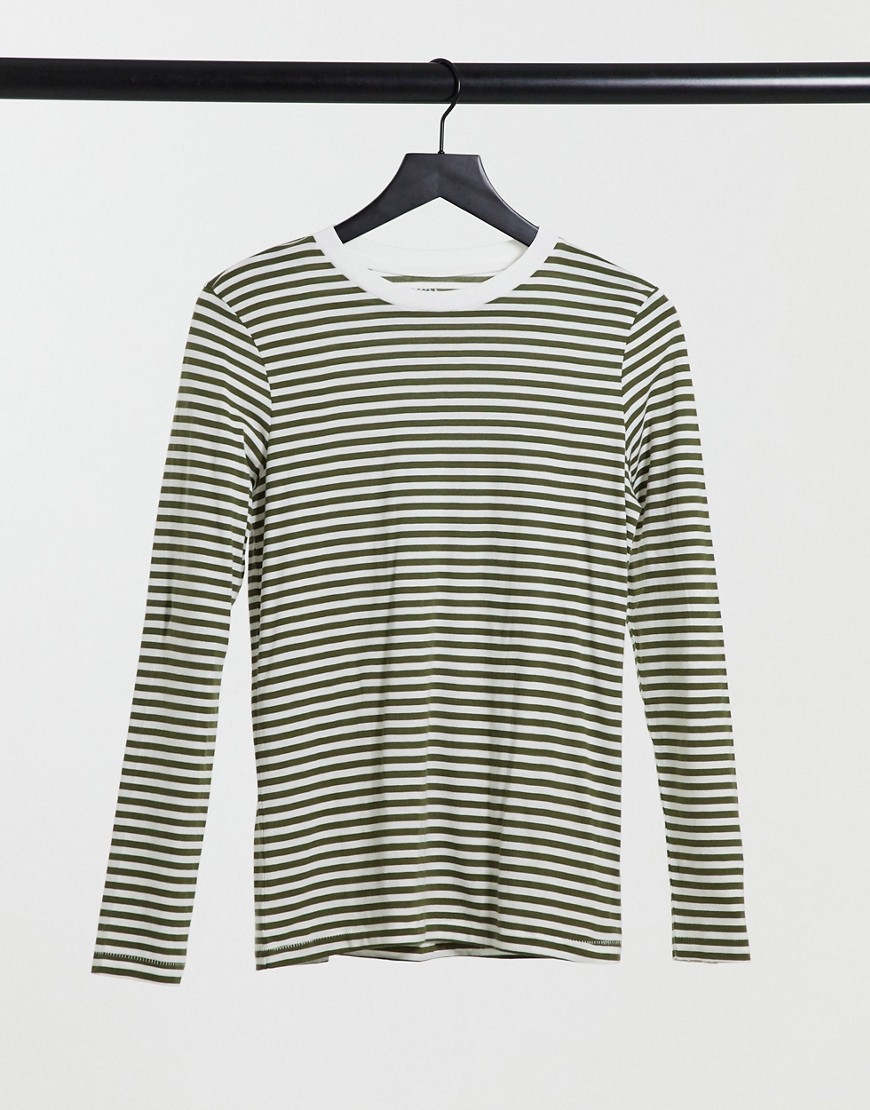 Selected Femme perfect t-shirt with long sleeves in khaki stripe-Green