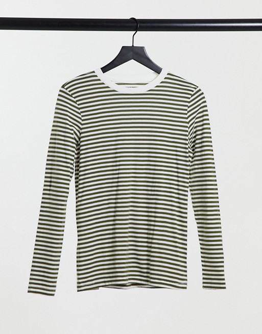 Selected Femme perfect t-shirt with long sleeves in khaki stripe