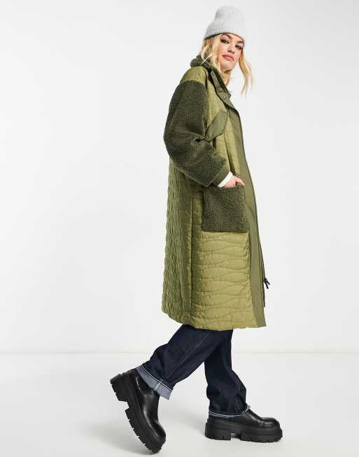 Selected Femme – Pikowany płaszcz z wysokim kołnierzem z kożuszkiem w kolorze khaki