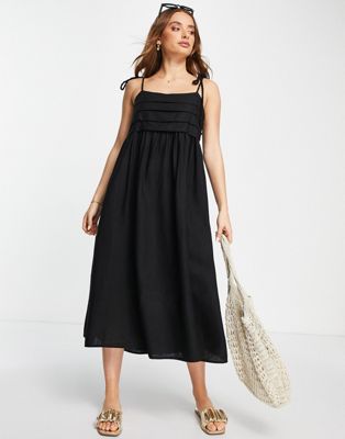 Selected Femme pleat front midi cami dress with rope straps in black