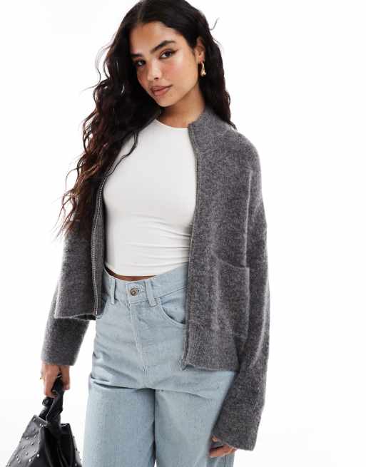 Selected Femme - Pluizig vest van alpacamix met ritssluiting en zakken in grijs