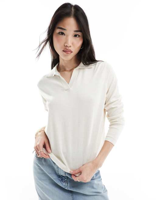 Selected Femme - Polo a maniche lunghe in maglia beige 