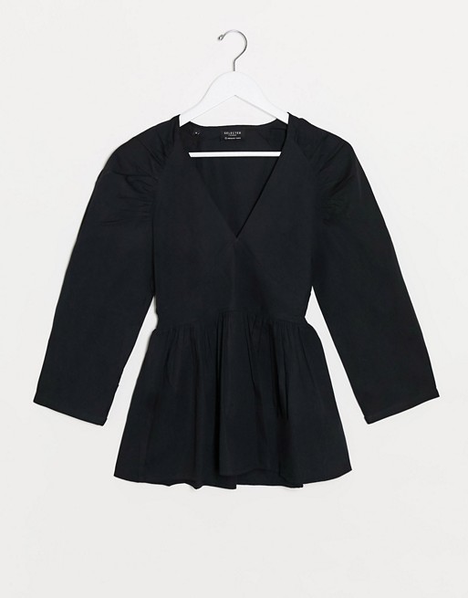 Selected Femme poplin wrap blouse with shoulder detail in black