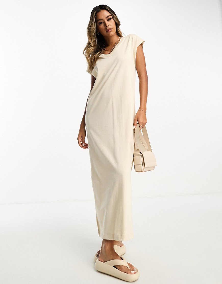 Selected Femme premium jersey v neck t-shirt maxi dress in stone-Neutral