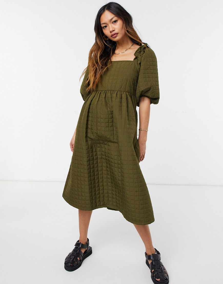Selected Femme quilted midi dress with square neck in khaki-Green