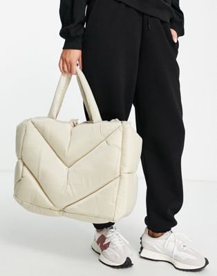 Selected Femme quilted tote bag in beige