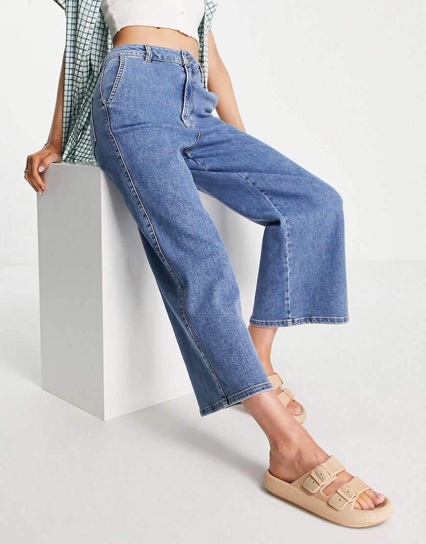 selected femme - randi - mellanblå ankellånga jeans med vida ben i bomullsmix - mblue
