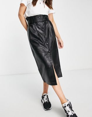 Selected Femme real leather button through midi skirt in black