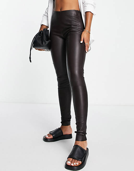Selected Femme real leather leggings in brown | ASOS