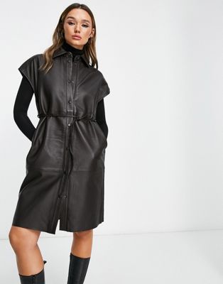 Selected Femme real leather sleeveless mini dress with tie waist in chocolate brown - ASOS Price Checker
