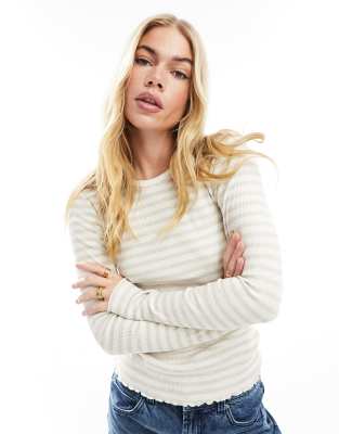 Selected Selected Femme ribbed striped long sleeve t-shirt in beige-Neutral