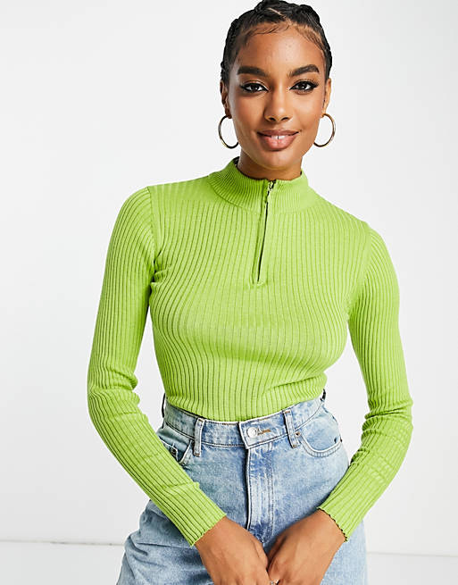 Selected Femme ribbed top with zip neck in green