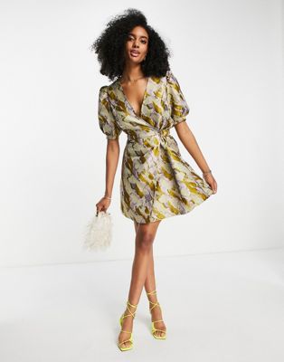 Selected Femme Jacquard puff sleeve mini dress - ASOS Price Checker