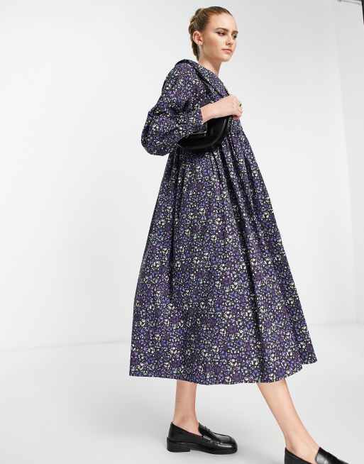 Selected Femme Robe mi longue a col festonne Violet fleuri ASOS