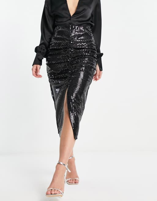 Sequin ruched midi skirt sale